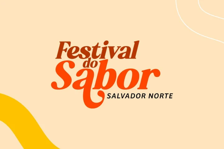 Fundo bege com o texto ''Festival do Sabor Salvador Norte'' escrito em letras cursívas na cor laranja.
