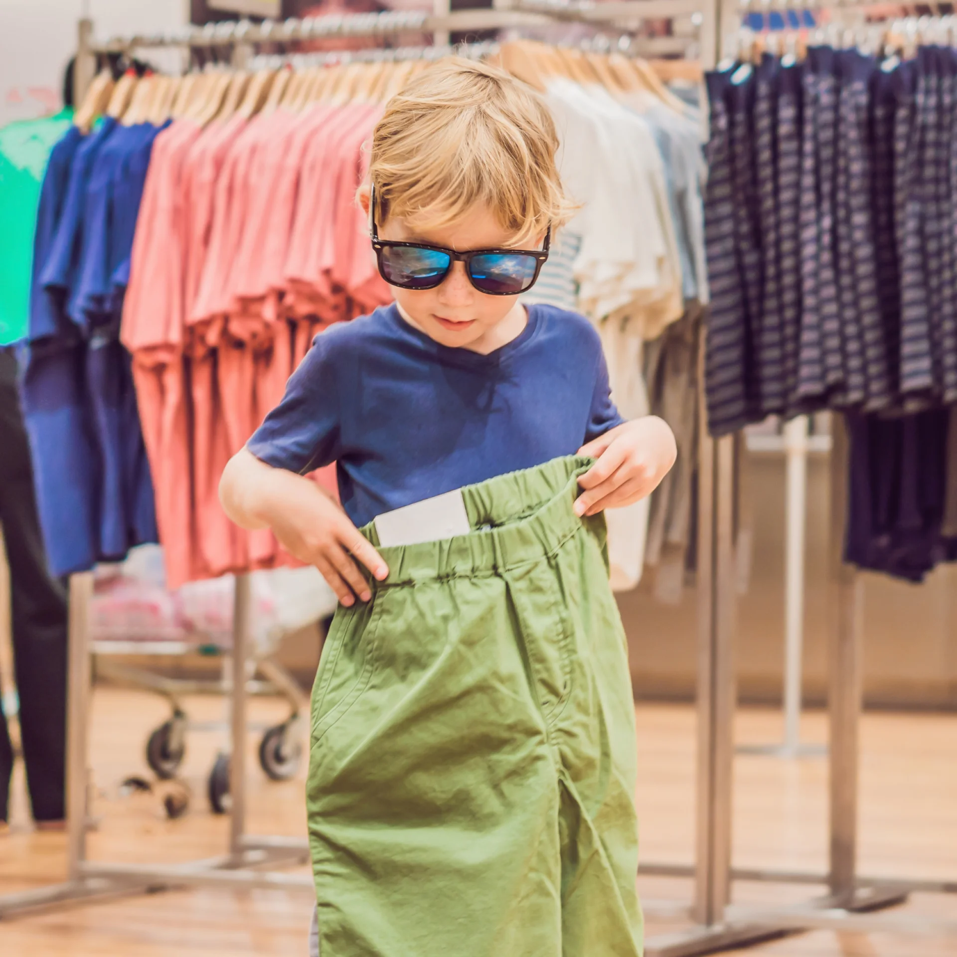Criança experimentando roupa em loja do shopping Criança experimentando roupa em loja do shopping