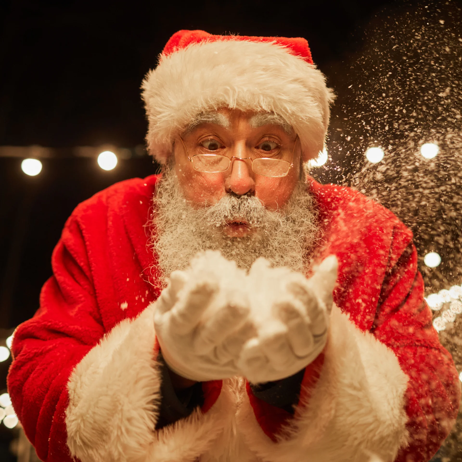Papai Noel soprando a neve na mão